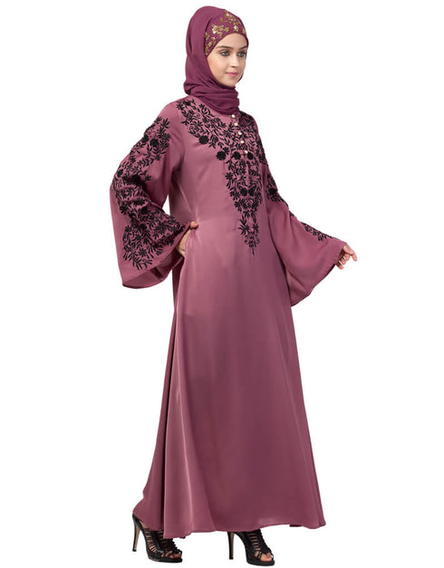 Trendy Neck and Sleeve Resham Embroidered A line Party Abaya Pink