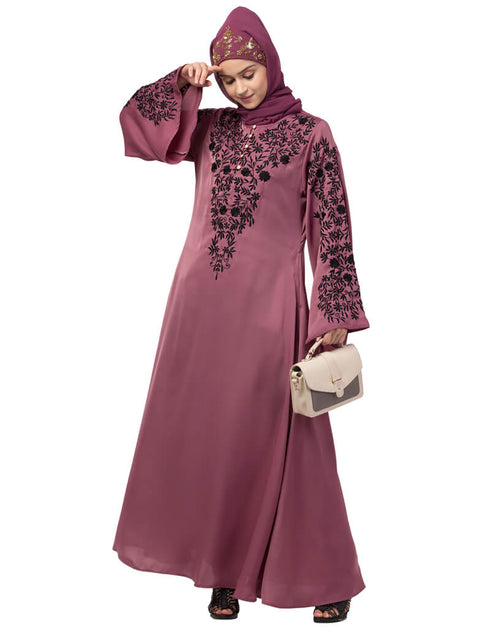 Trendy Neck and Sleeve Resham Embroidered A line Party Abaya Pink