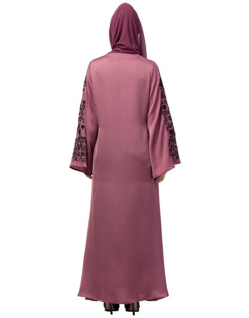 Trendy Neck and Sleeve Resham Embroidered A line Party Abaya Pink