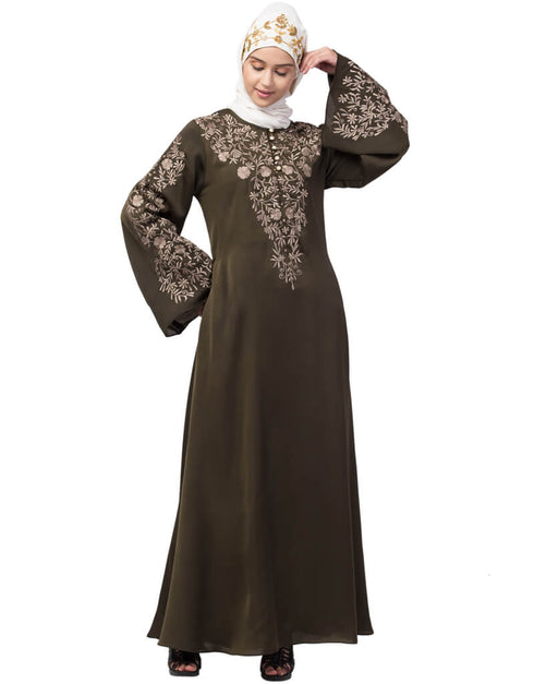 Modern Neck and Sleeve Resham Embroidered A line Party Abaya Green