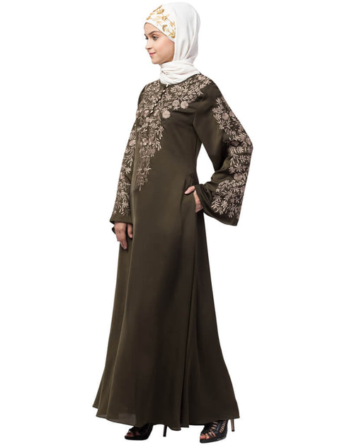 Modern Neck and Sleeve Resham Embroidered A line Party Abaya Green