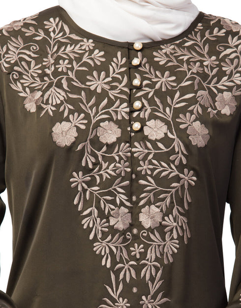 Modern Neck and Sleeve Resham Embroidered A line Party Abaya Green