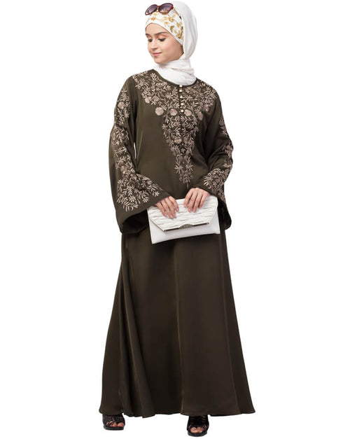 Modern Neck and Sleeve Resham Embroidered A line Party Abaya Green