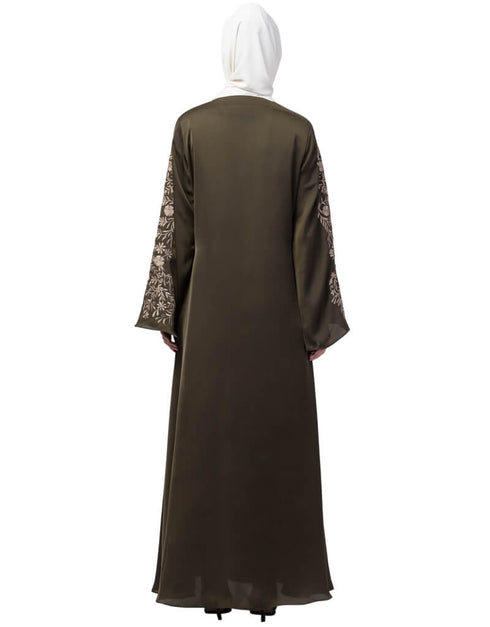 Modern Neck and Sleeve Resham Embroidered A line Party Abaya Green