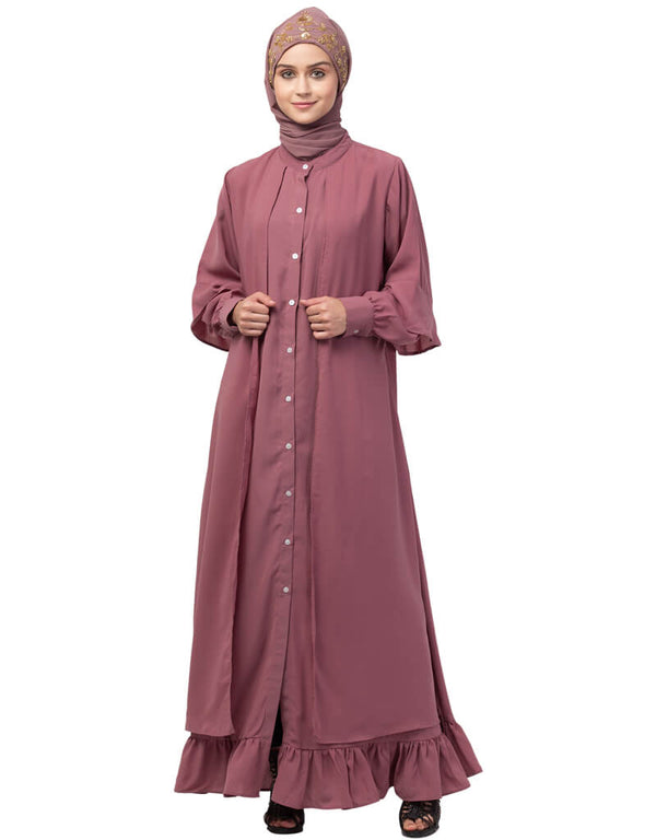 Dubai Extra Jacket and frill at bottom front open Abaya Pink