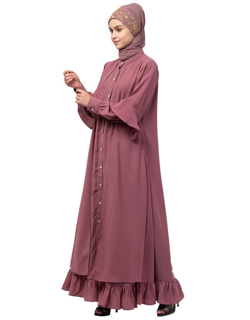 Dubai Extra Jacket and frill at bottom front open Abaya Pink