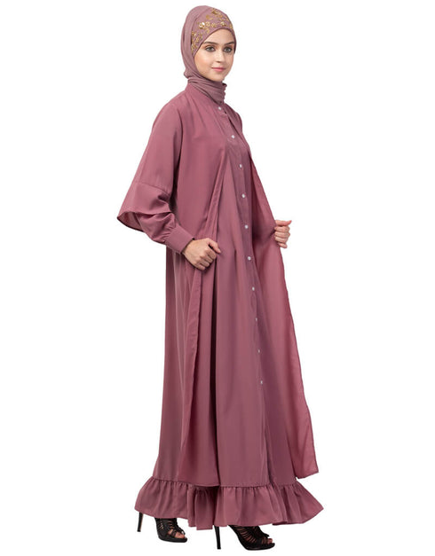 Dubai Extra Jacket and frill at bottom front open Abaya Pink