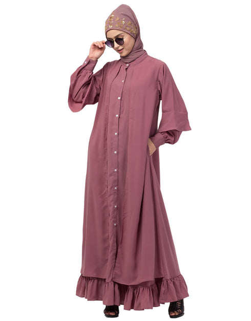 Dubai Extra Jacket and frill at bottom front open Abaya Pink