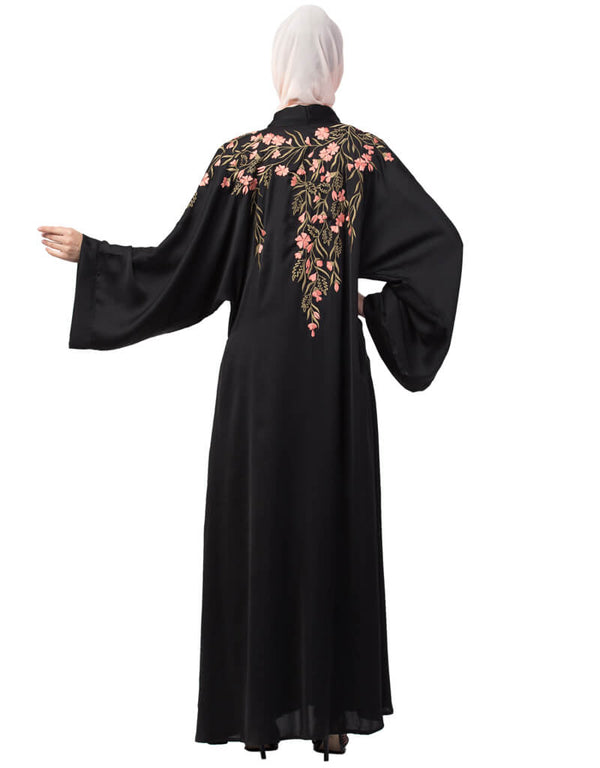 Muslim Front to back Resham embroidery front open Abaya Black