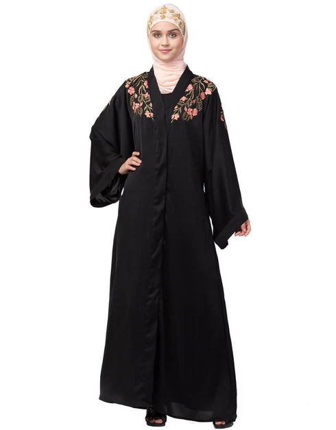 Muslim Front to back Resham embroidery front open Abaya Black