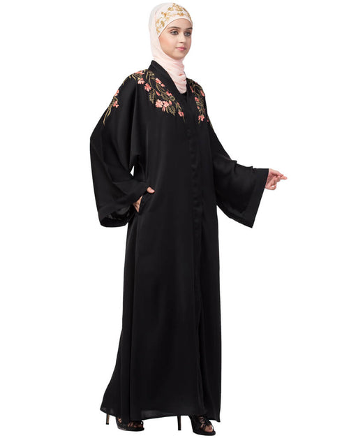 Muslim Front to back Resham embroidery front open Abaya Black