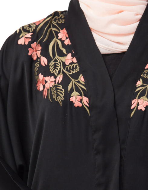 Muslim Front to back Resham embroidery front open Abaya Black