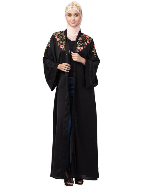 Muslim Front to back Resham embroidery front open Abaya Black