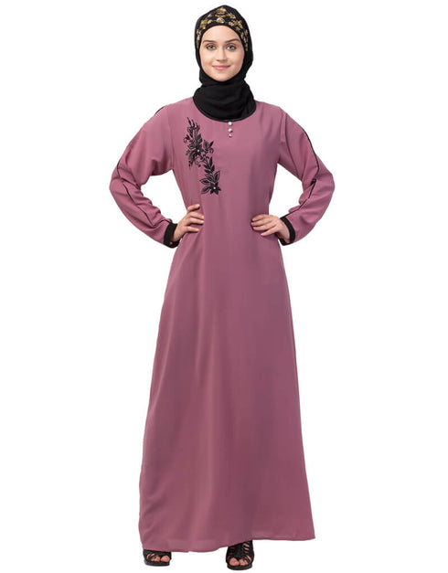 Modest Side embroidery contrast piping Abaya Pink