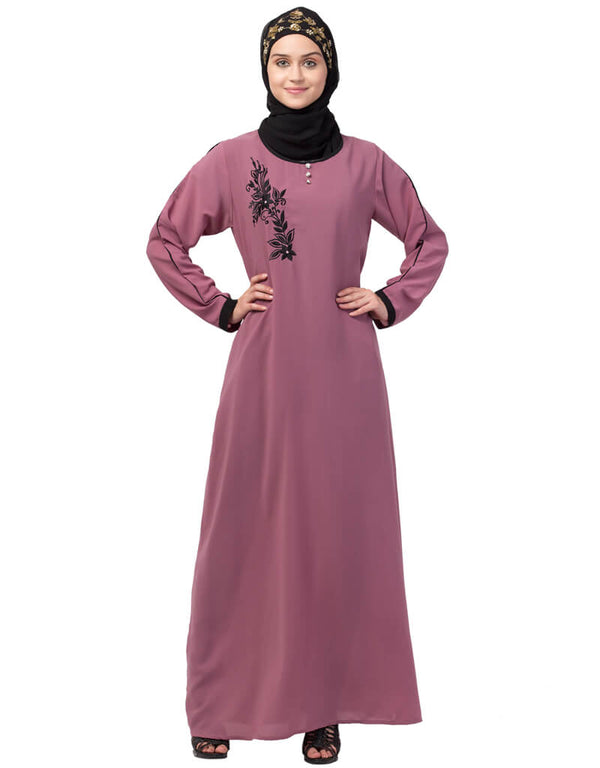 Modest Side embroidery contrast piping Abaya Pink