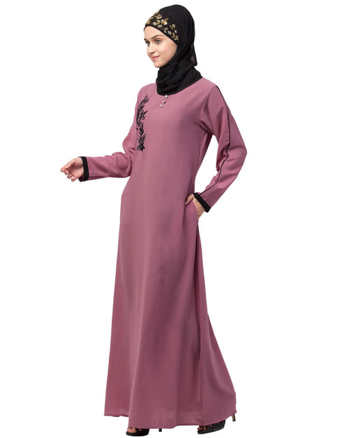 Modest Side embroidery contrast piping Abaya Pink