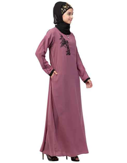Modest Side embroidery contrast piping Abaya Pink