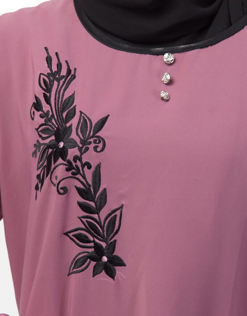 Modest Side embroidery contrast piping Abaya Pink