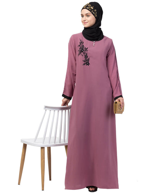 Modest Side embroidery contrast piping Abaya Pink