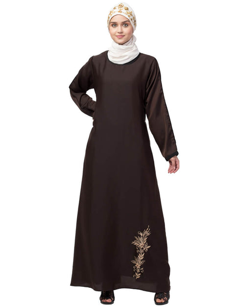Islamic Bottom Embroidery Contrast Piping Abaya Brown
