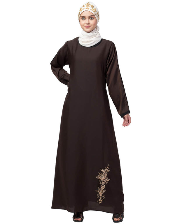 Islamic Bottom Embroidery Contrast Piping Abaya Brown