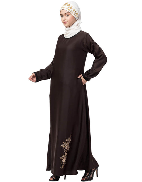 Islamic Bottom Embroidery Contrast Piping Abaya Brown