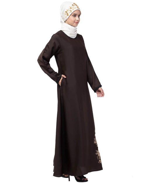 Islamic Bottom Embroidery Contrast Piping Abaya Brown