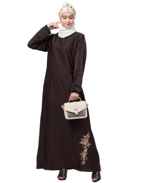Islamic Bottom Embroidery Contrast Piping Abaya Brown
