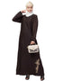Islamic Bottom Embroidery Contrast Piping Abaya Brown