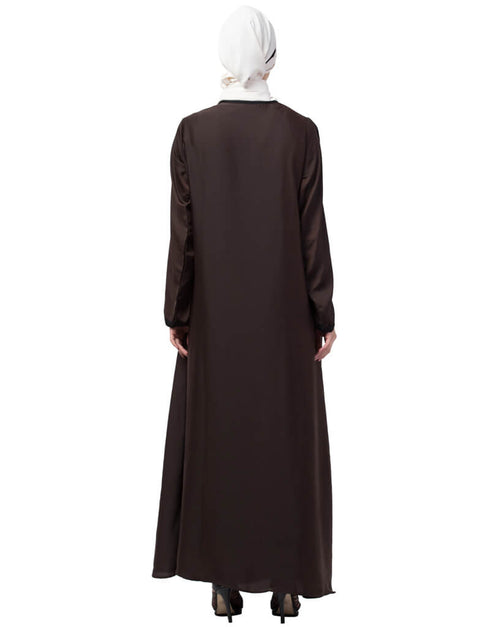 Islamic Bottom Embroidery Contrast Piping Abaya Brown