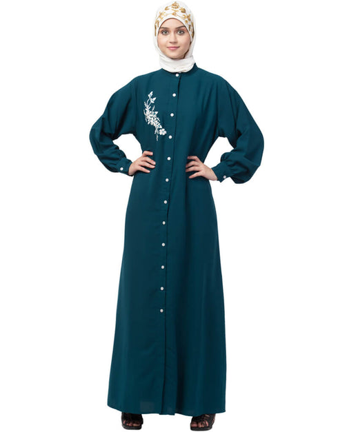 Arabic Front Open Side embroidery Contrast Button Abaya Teal