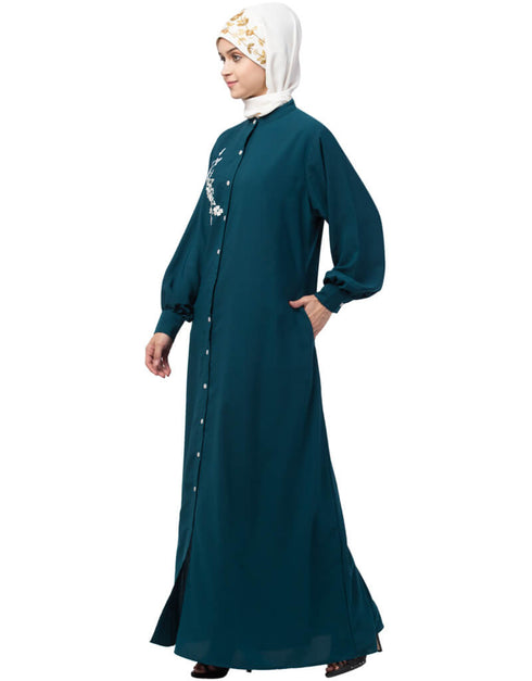 Arabic Front Open Side embroidery Contrast Button Abaya Teal