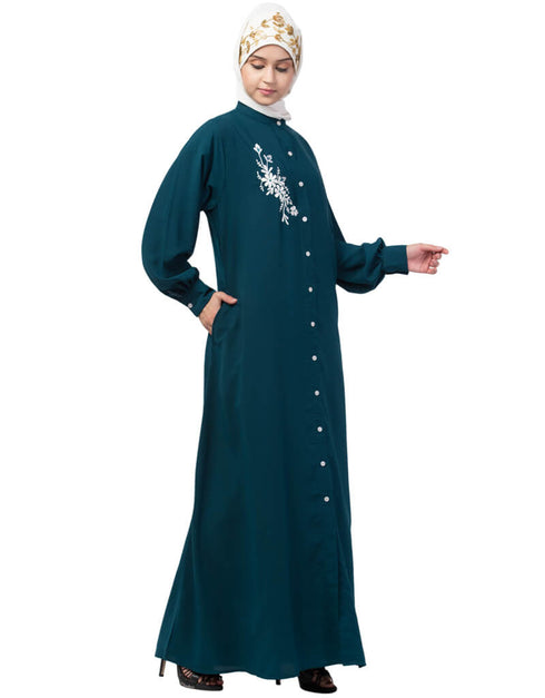 Arabic Front Open Side embroidery Contrast Button Abaya Teal