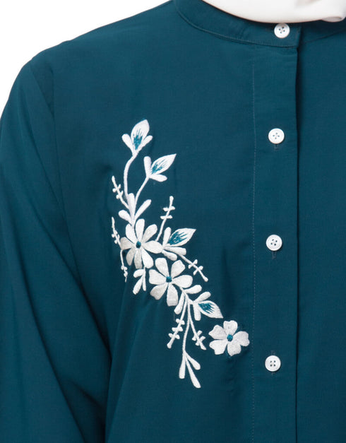 Arabic Front Open Side embroidery Contrast Button Abaya Teal