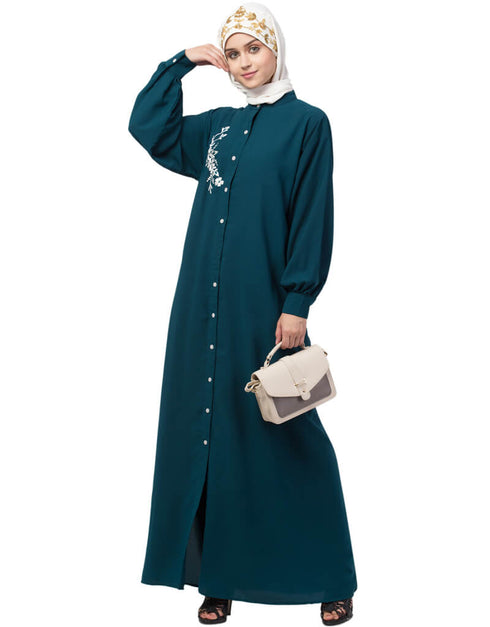 Arabic Front Open Side embroidery Contrast Button Abaya Teal