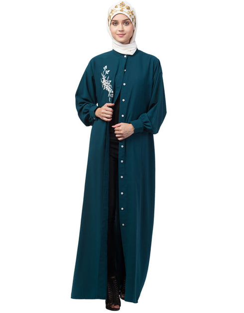 Arabic Front Open Side embroidery Contrast Button Abaya Teal