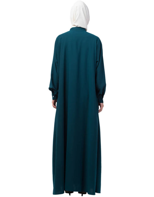 Arabic Front Open Side embroidery Contrast Button Abaya Teal