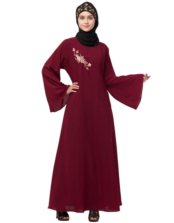 Women Side Resham Embroidery Bell sleeve A line Abaya Maroon