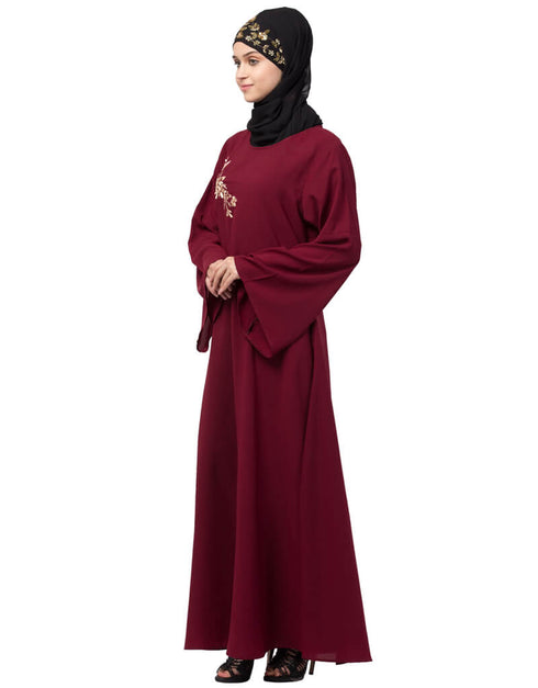Women Side Resham Embroidery Bell sleeve A line Abaya Maroon