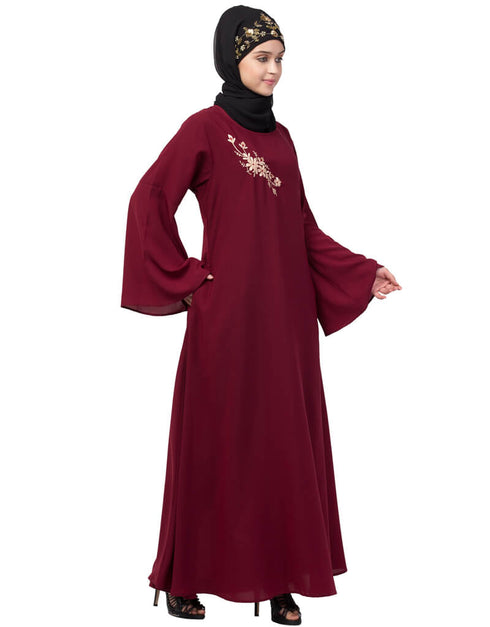 Women Side Resham Embroidery Bell sleeve A line Abaya Maroon