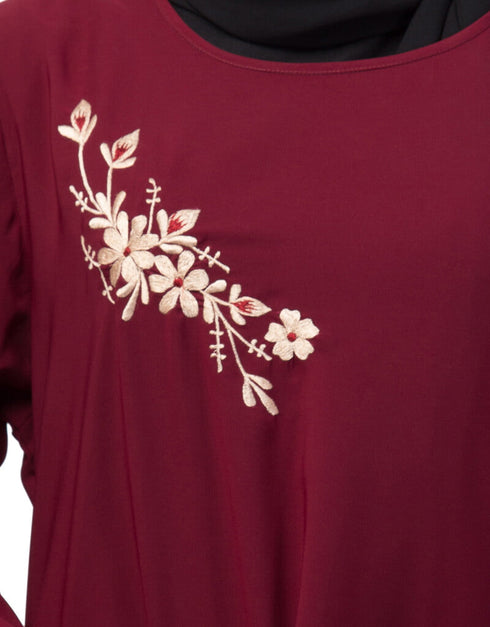 Women Side Resham Embroidery Bell sleeve A line Abaya Maroon