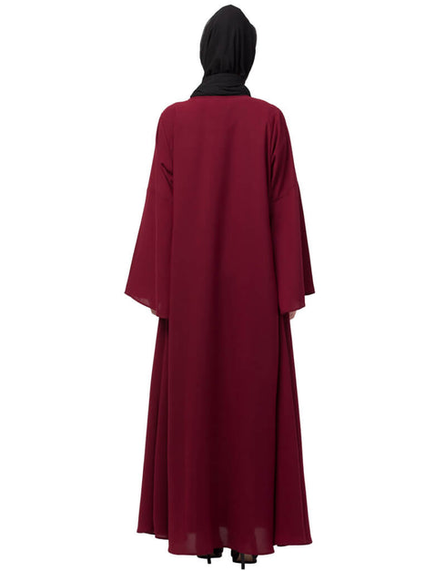 Women Side Resham Embroidery Bell sleeve A line Abaya Maroon
