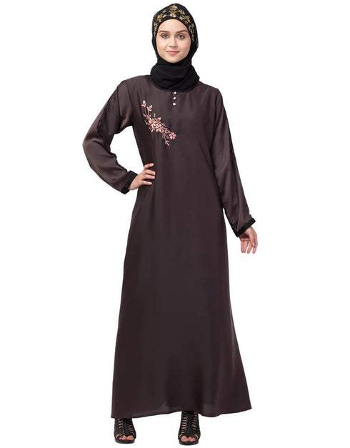 Chic Side embroidery contrast piping Abaya Brown