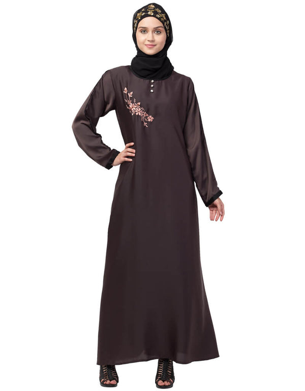 Chic Side embroidery contrast piping Abaya Brown