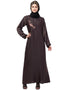 Chic Side embroidery contrast piping Abaya Brown