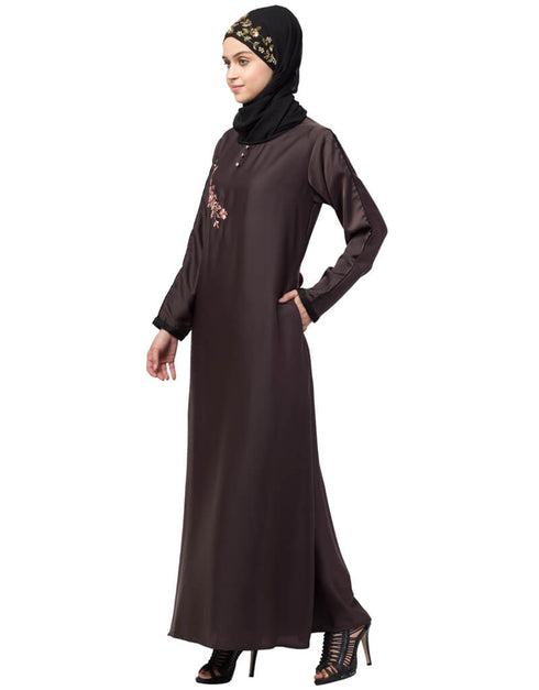Chic Side embroidery contrast piping Abaya Brown