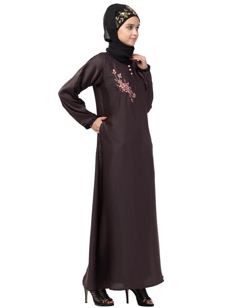 Chic Side embroidery contrast piping Abaya Brown