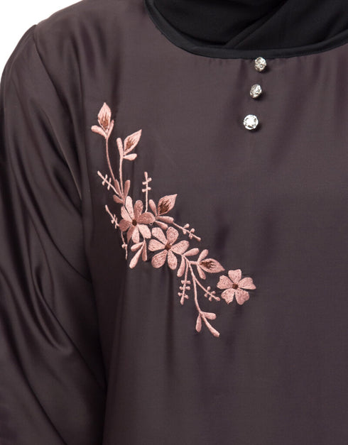 Chic Side embroidery contrast piping Abaya Brown