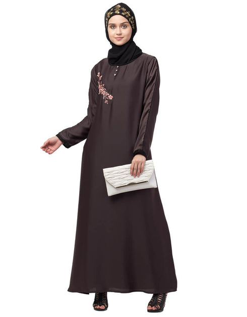 Chic Side embroidery contrast piping Abaya Brown
