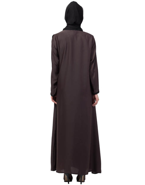 Chic Side embroidery contrast piping Abaya Brown